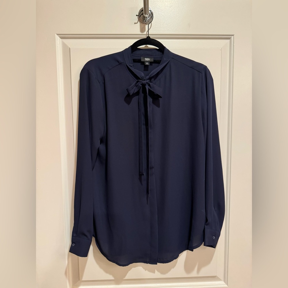 Navy Blue Chiffon Blouse with Bow. Size M.